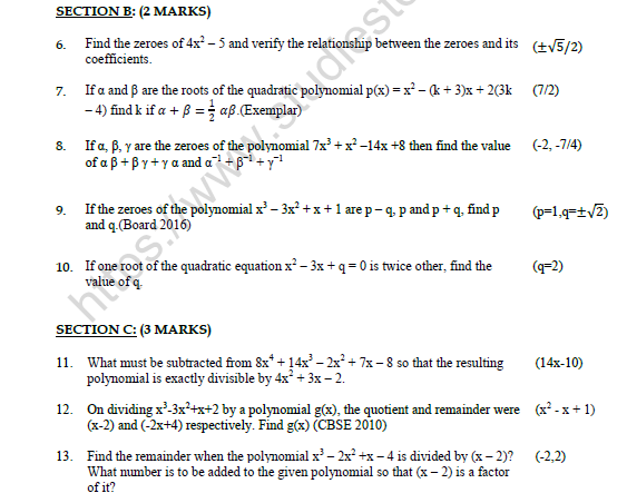 CBSE Class 10 Mathematics Polynomials Worksheet Set B